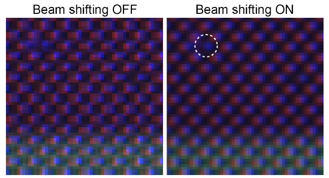 （左）BSW-20 關(guān)閉時的電話顯示圖像。(右圖）開啟 BSW-20 后的手機(jī)顯示屏圖像。可以很容易地識別出缺失的像素（白色虛線圓圈標(biāo)識）